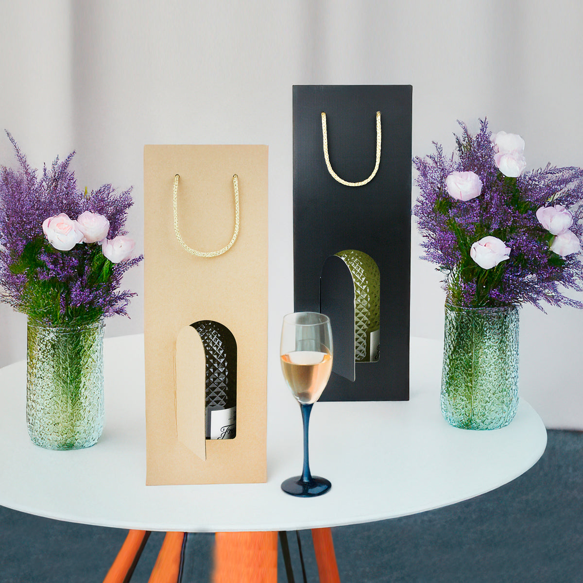 Kraft Bottle Gift Bag With Rope Handle and Window - Pack of 12 (Colors Available)