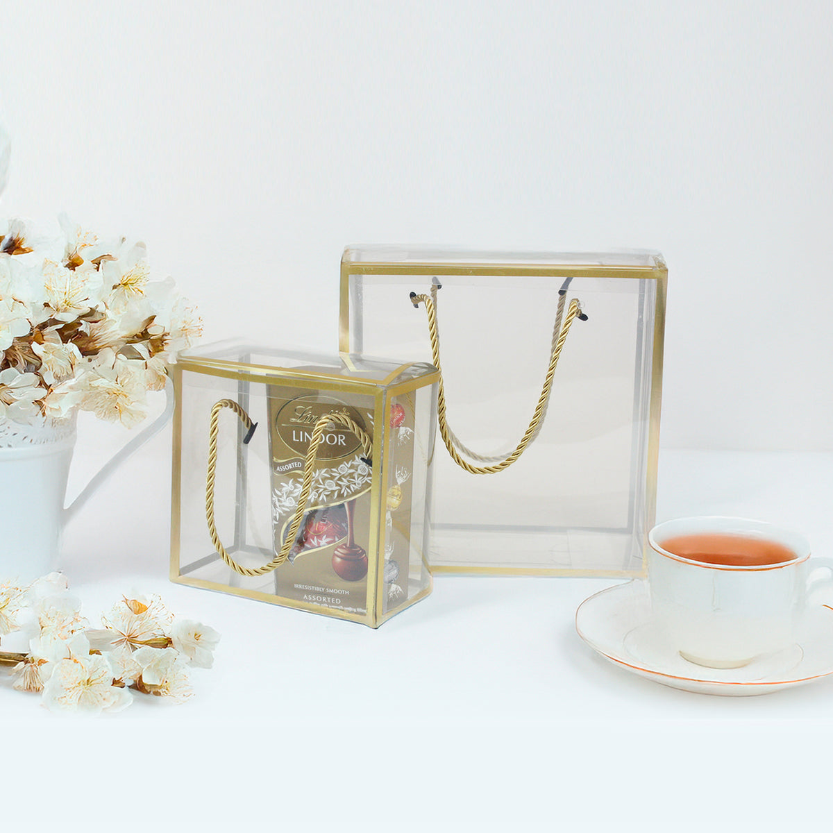 Clear Gift Box With Gold Border and Rope Handle - Pack of 12 (Sizes Available)