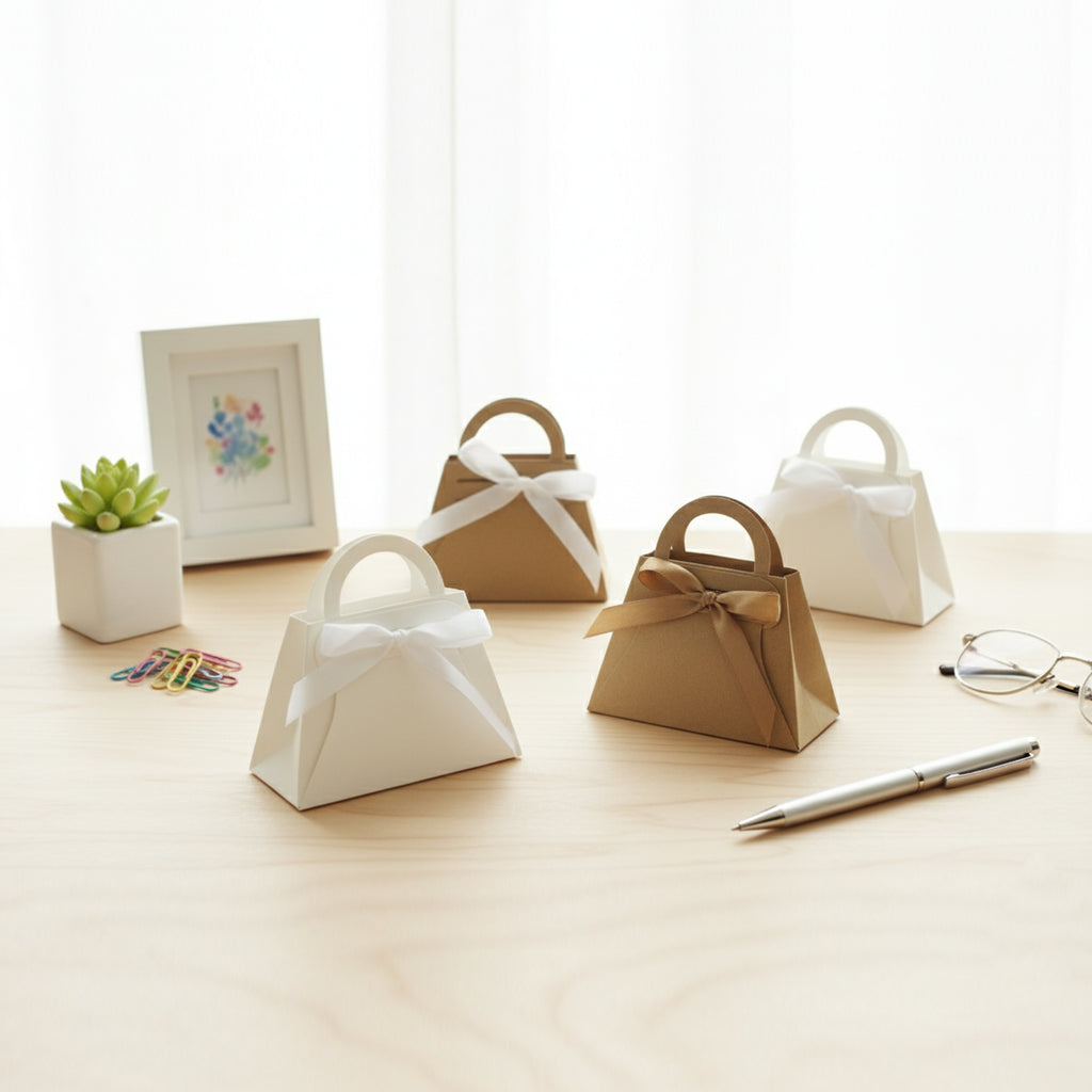 Handbag Style Gift Boxes With Handles Pack of 12 | Brown & White ...