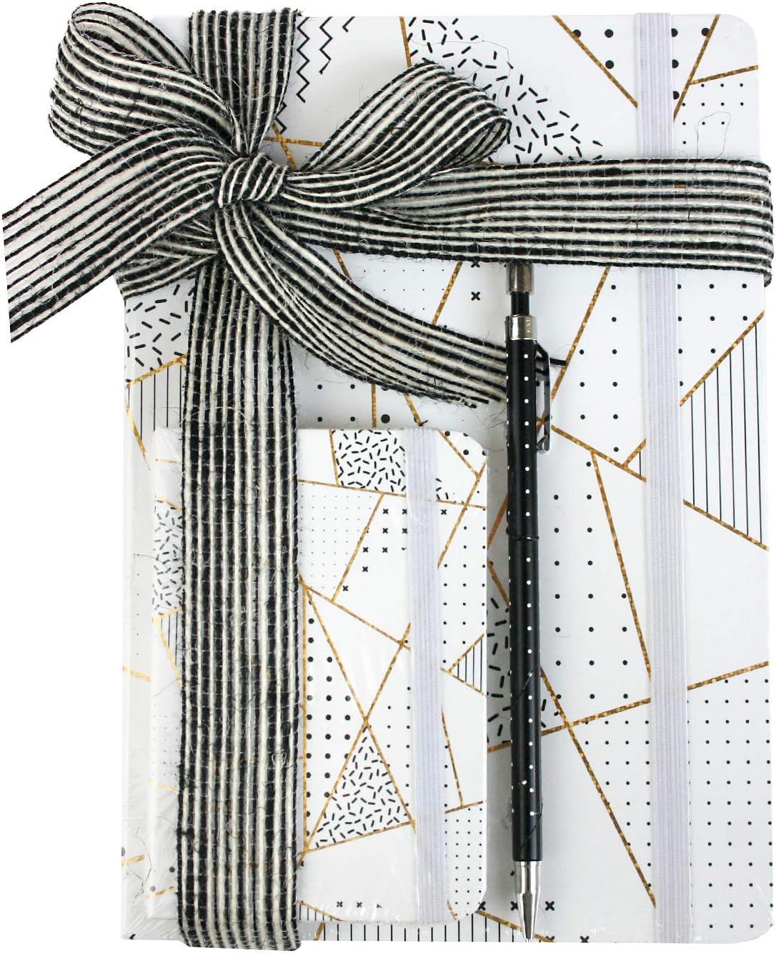 Unique Gift Set with A5 Notebook, A7 Notebook, Mechanical Pencil and Ribbon - Geometric Marble White/Gold