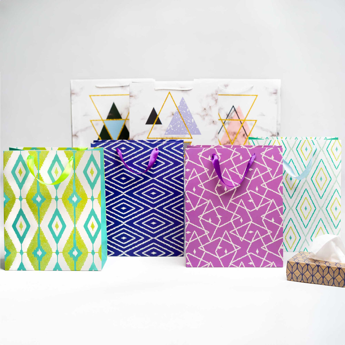 Vibrant Geometric Pattern Gift Bags - Set Of 4, Assorted Designs Sizes Available