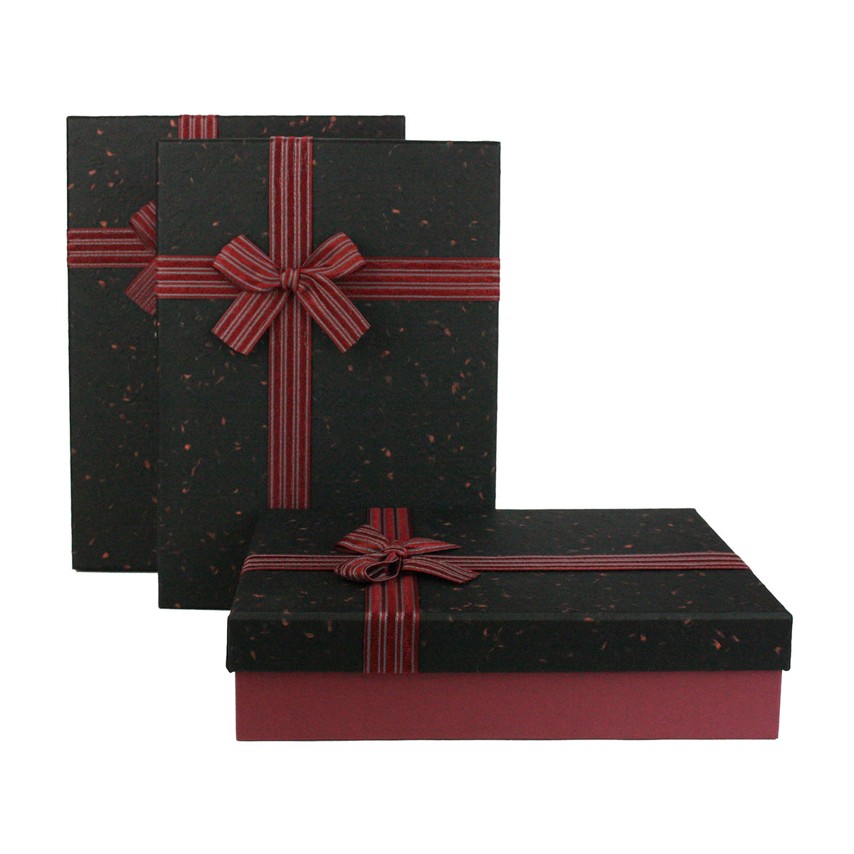 Stacked maroon rigid gift boxes, black lids, striped ribbons