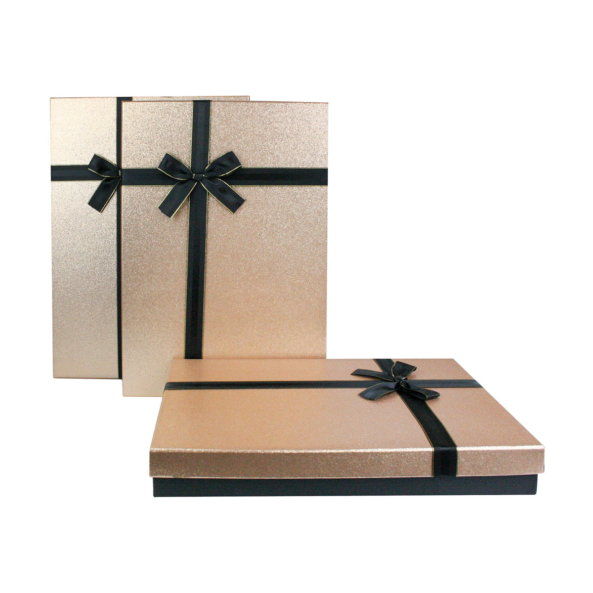 Set of 3 black gift boxes with gold glitter lids stacked together