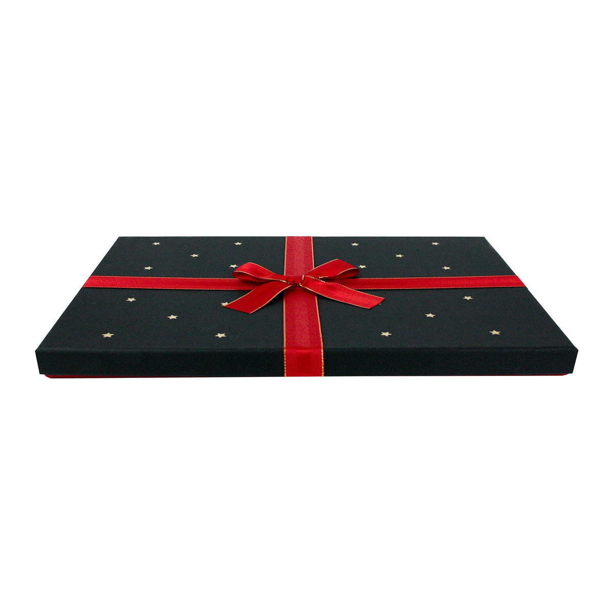 Red gift box with black lid and stars