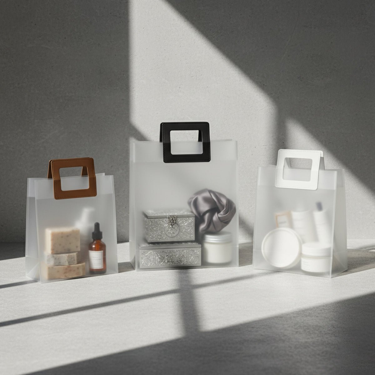 Clear PVC Gift Bags With Handle - Pack of 12 (Sizes & Color Available)