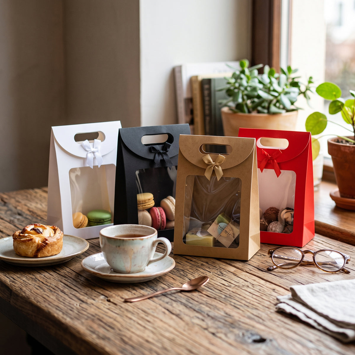 Kraft Gift Box Bags with Bow & Handle - Pack of 12 (Sizes Available)