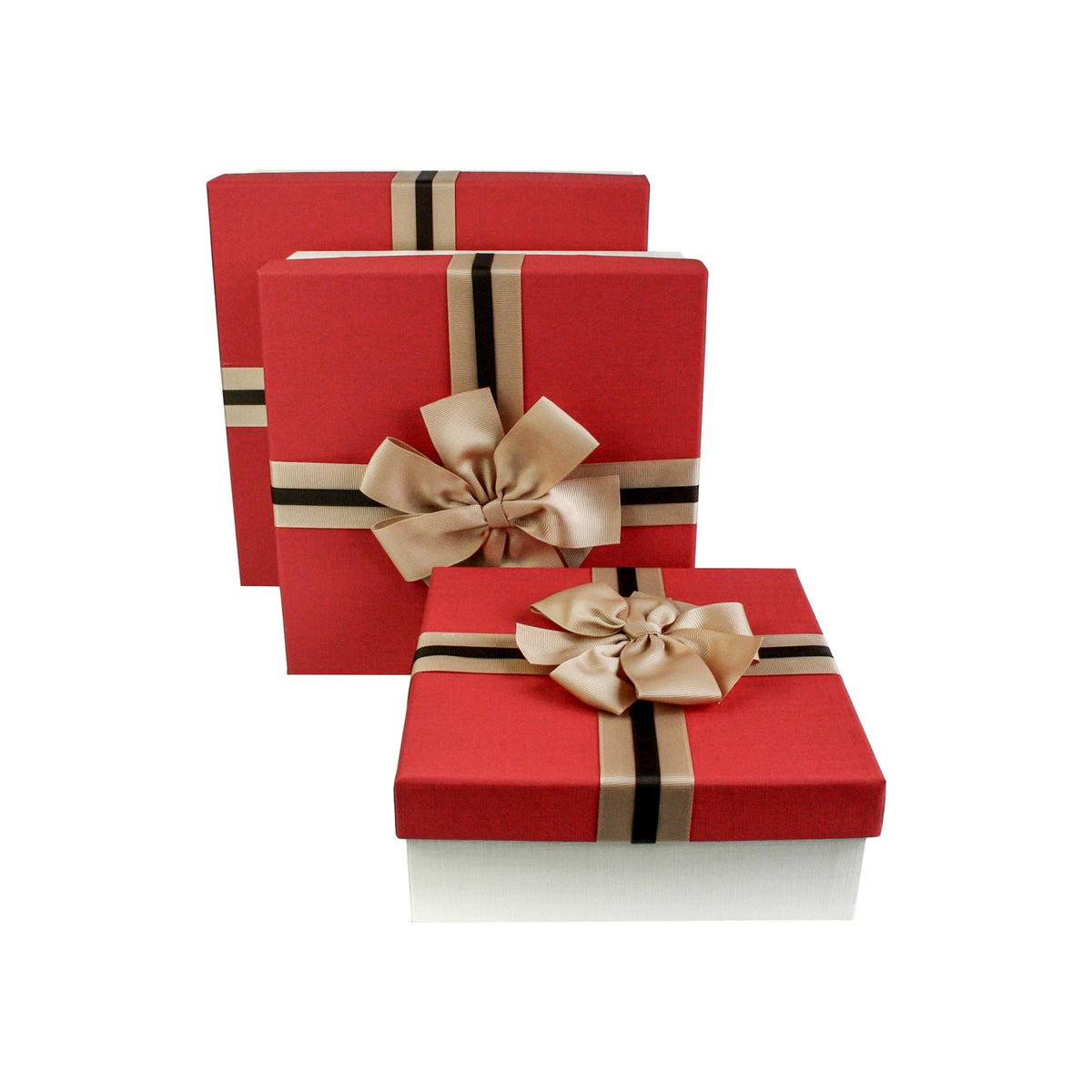 Set of three cream gift boxes with contrasting red lids