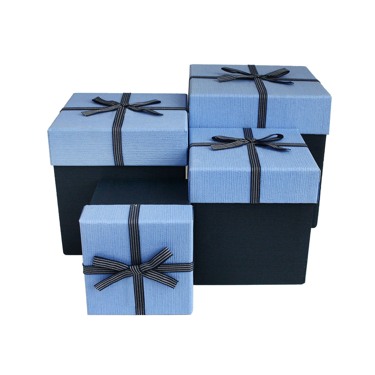 Set of 4 Dark blue gift box with light blue lid and striped ribbon