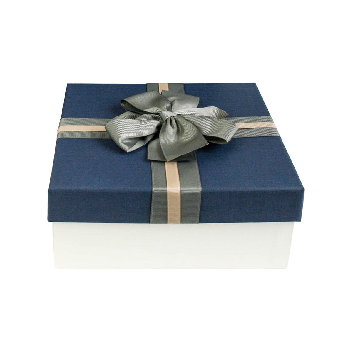 Cream colored square gift box with blue lid and striped ribbon