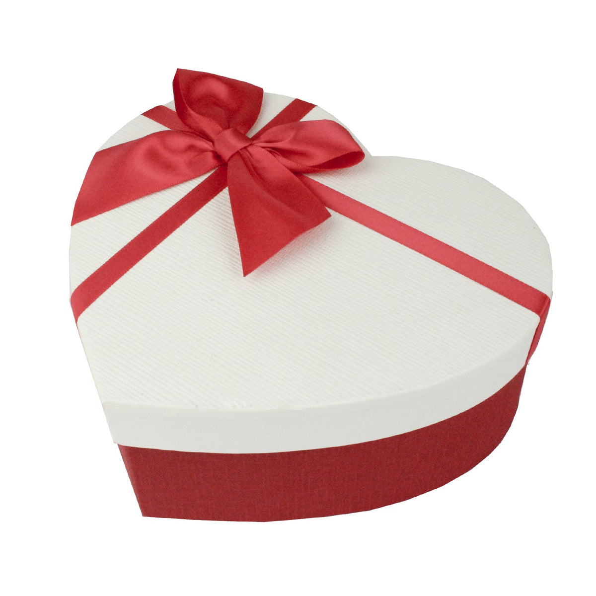 White textured heart gift boxes with red ribbons