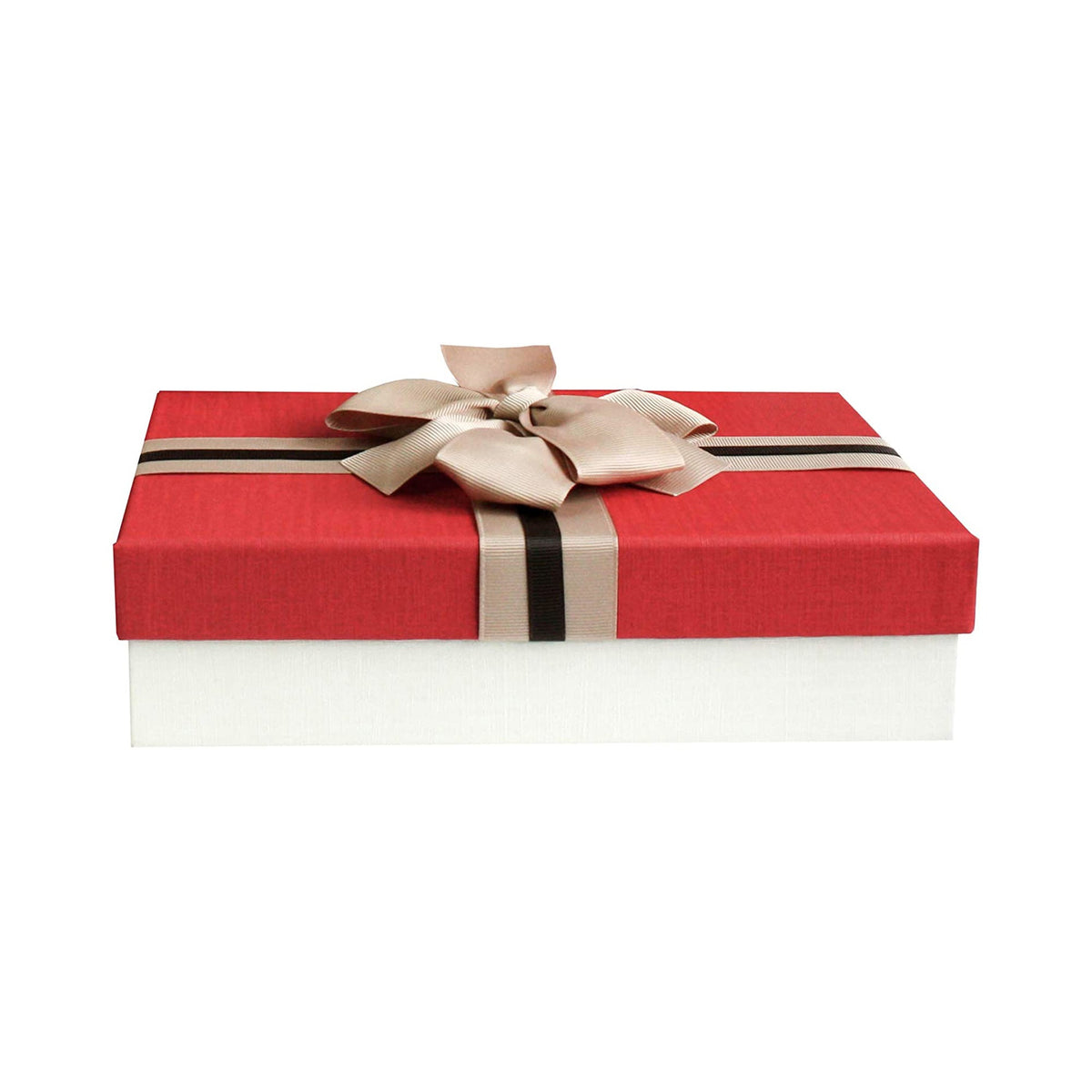 Cream gift box with red lid and brown striped bow