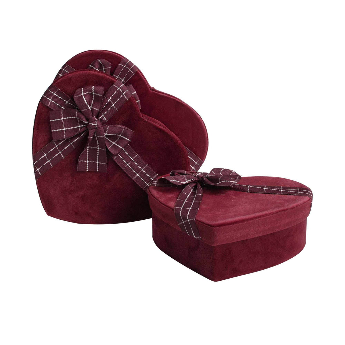 Emartbuy Burgundy Velvet Heart Gift Box Set of 3