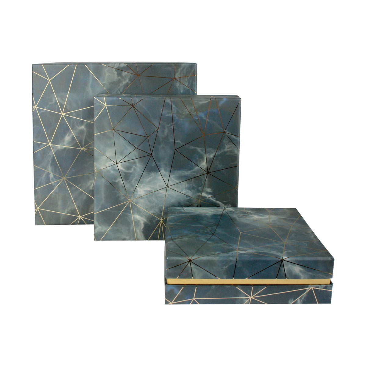 Chic Blue/Grey Geometric Marble Gift Boxes with Gold Accents - Set of 3