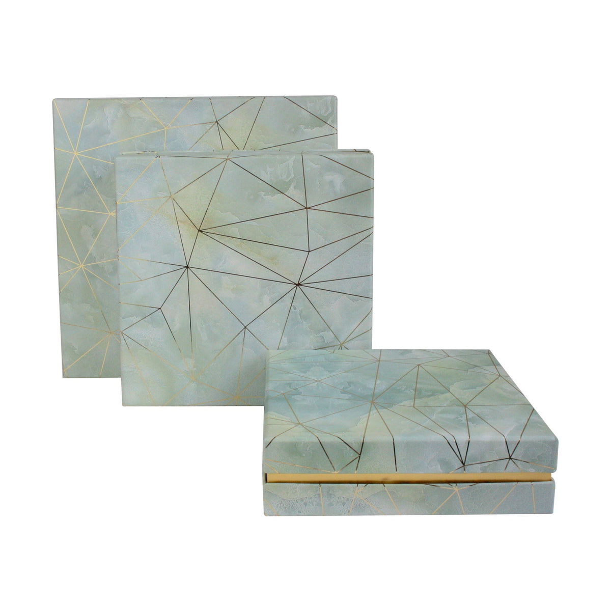 Chic Sea Green Geometric Marble Gift Boxes with Gold Accents - Set of 3