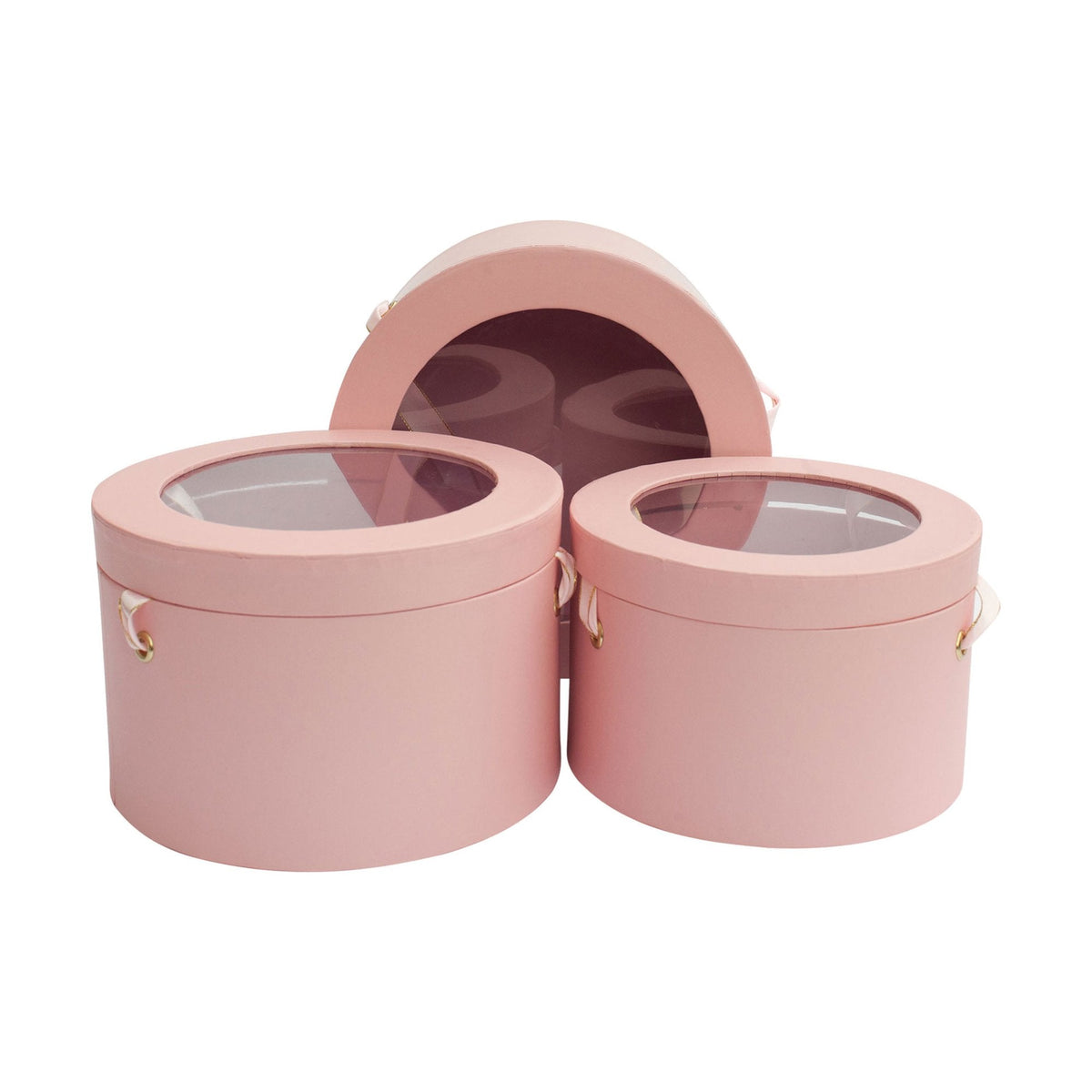 Round pink gift box with transparent top