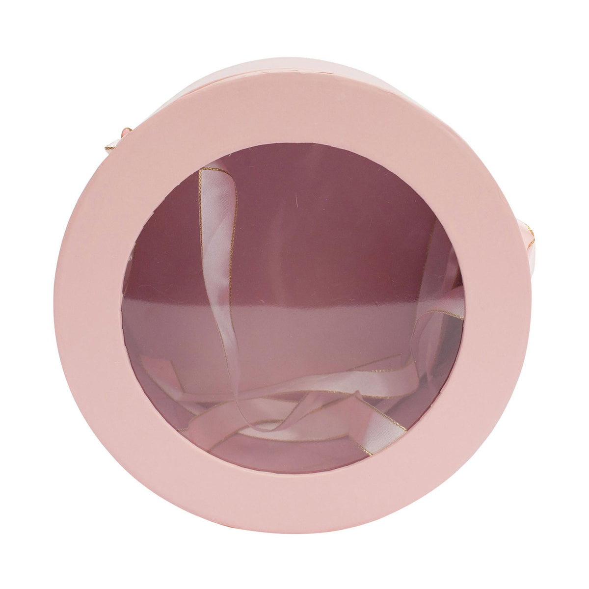 Round pink gift box with transparent top