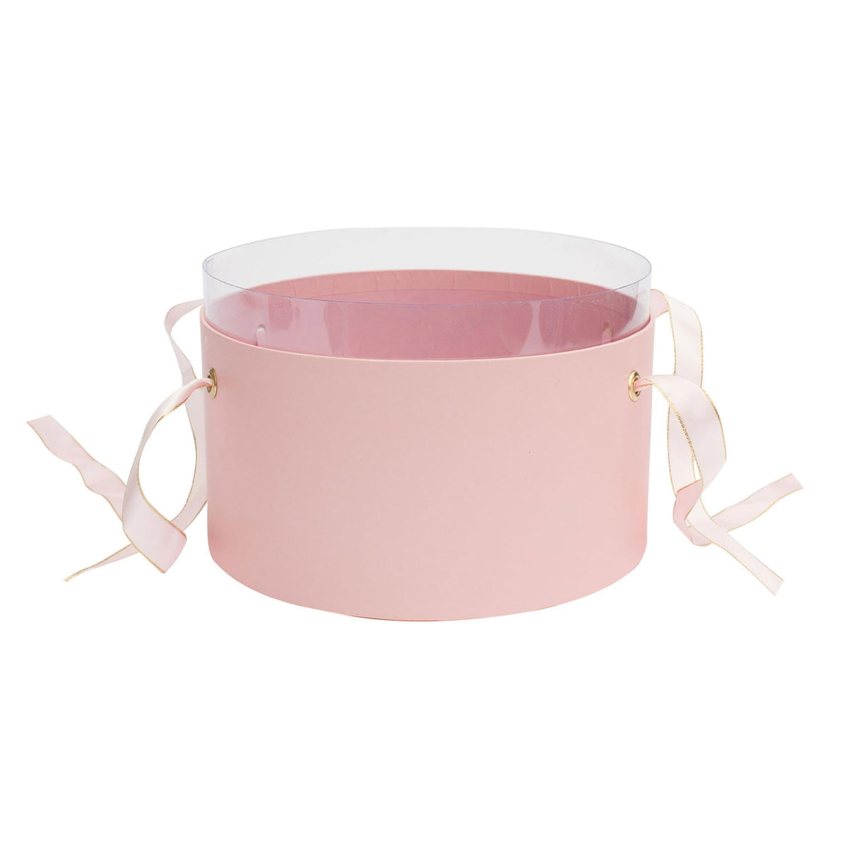 Interior of round pink gift box with transparent top