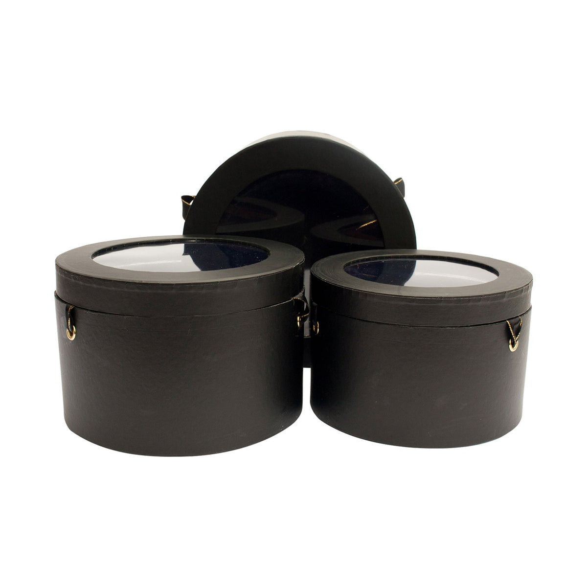 Set of 3 Black Round Luxury Gift Boxes with Satin Ribbon Handles