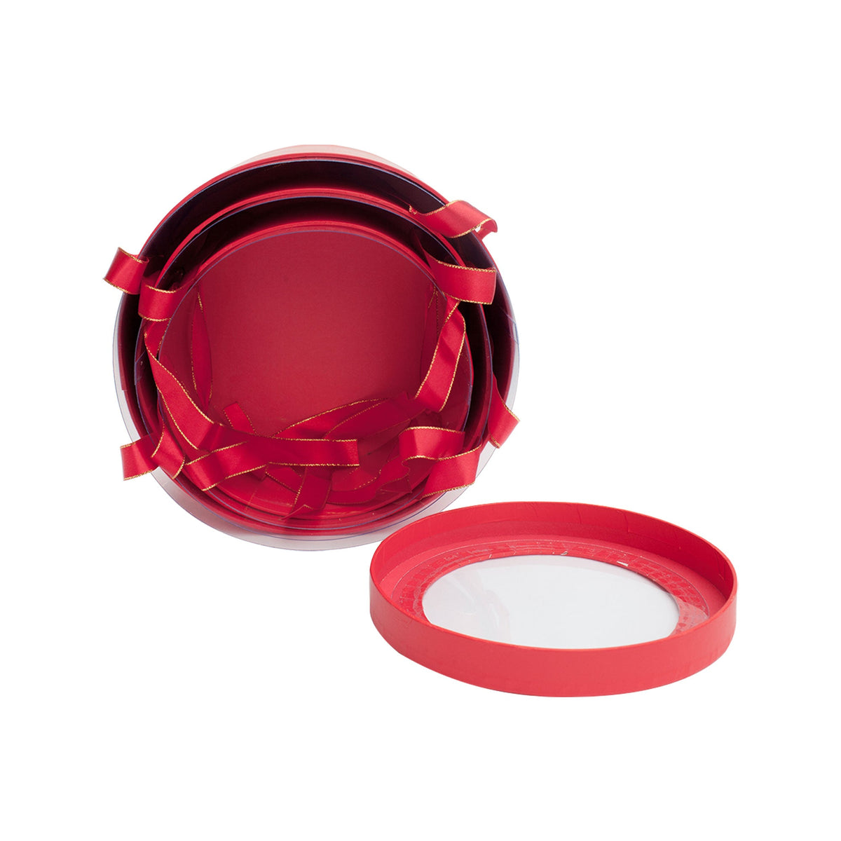 Open red luxury round flower gift box with transparent top