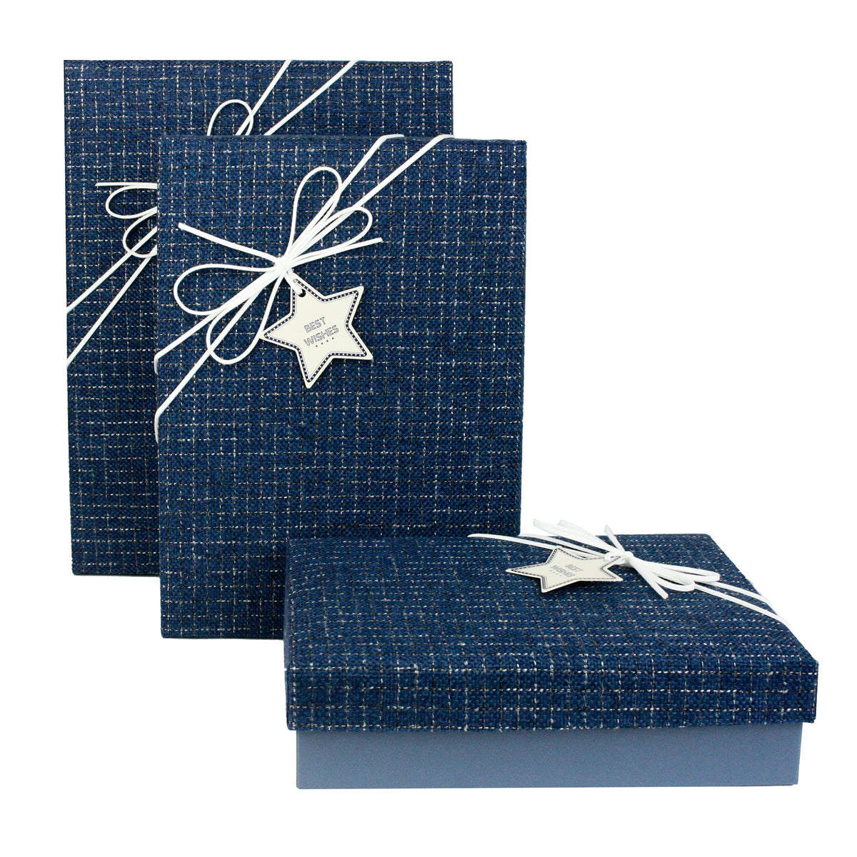 Blue textured gift box with white ribbon