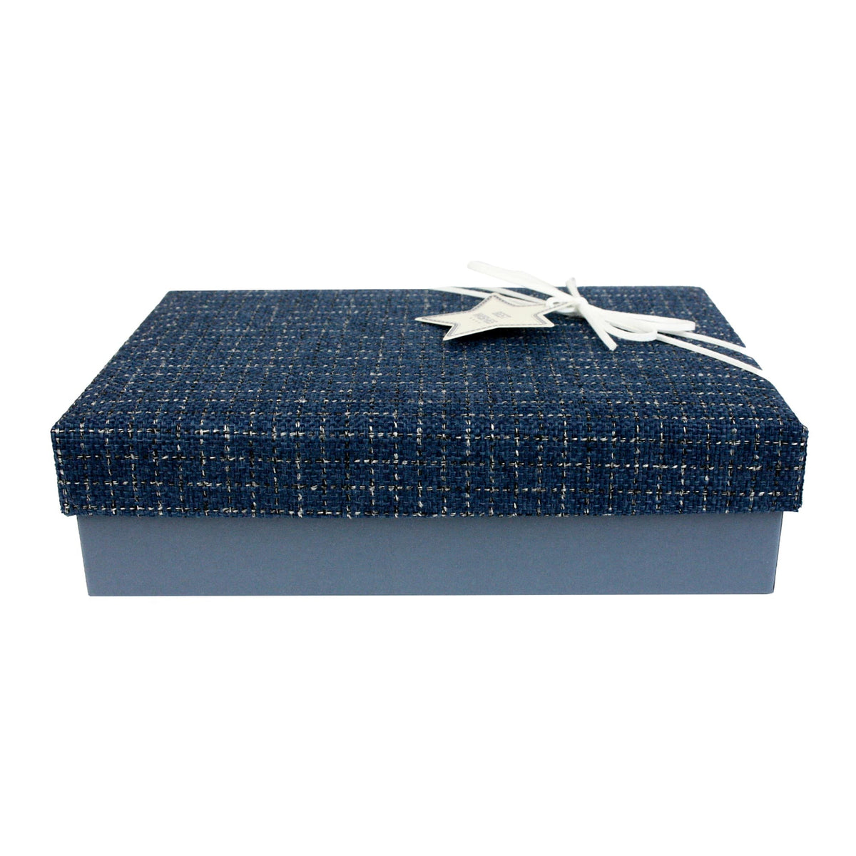 Blue rectangle gift box with textured fabric lid and suede ribbon