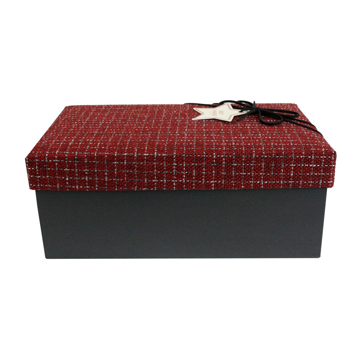 Red and black textured rectangle gift box with a satin bow