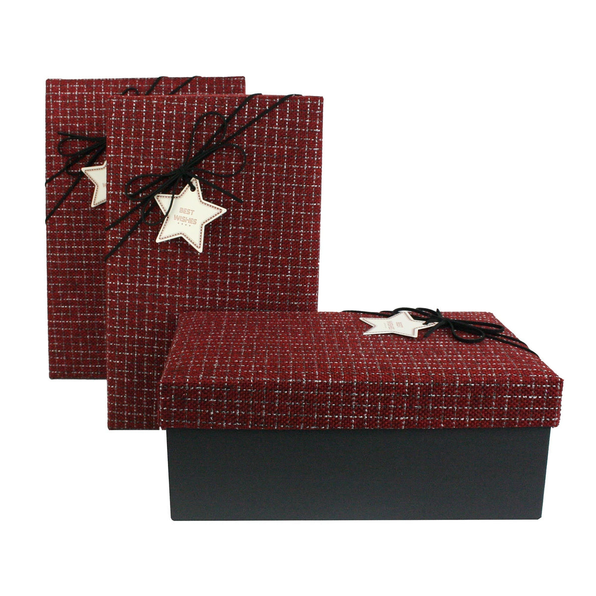 Set of 3 luxury gift boxes in red and black with a decorative ribbon