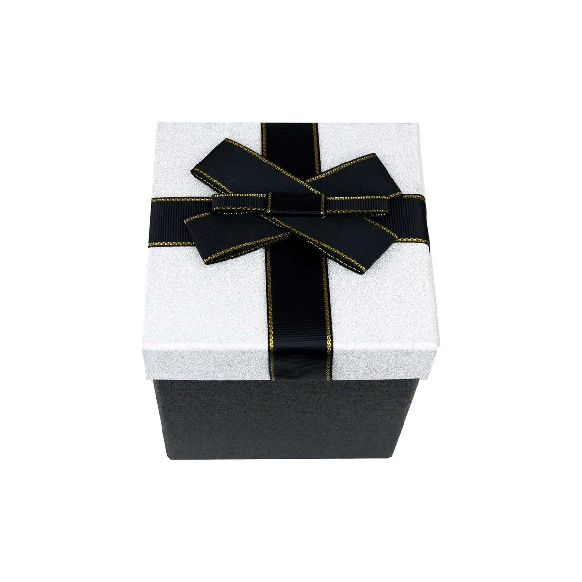 Black square cardboard gift box with satin ribbon and gold carry handle