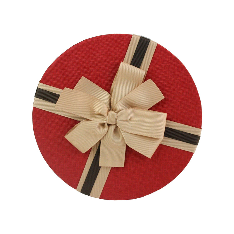 gift box with red lid and brown ribbon