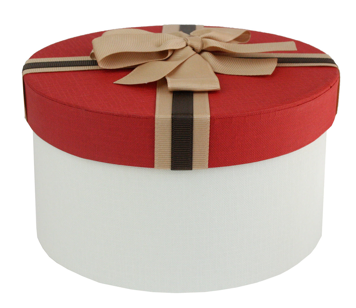 White Round Gift Box with Red Lid and Striped Brown Ribbon