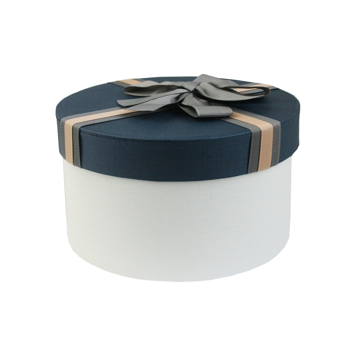 White round gift box with blue lid and brown ribbon