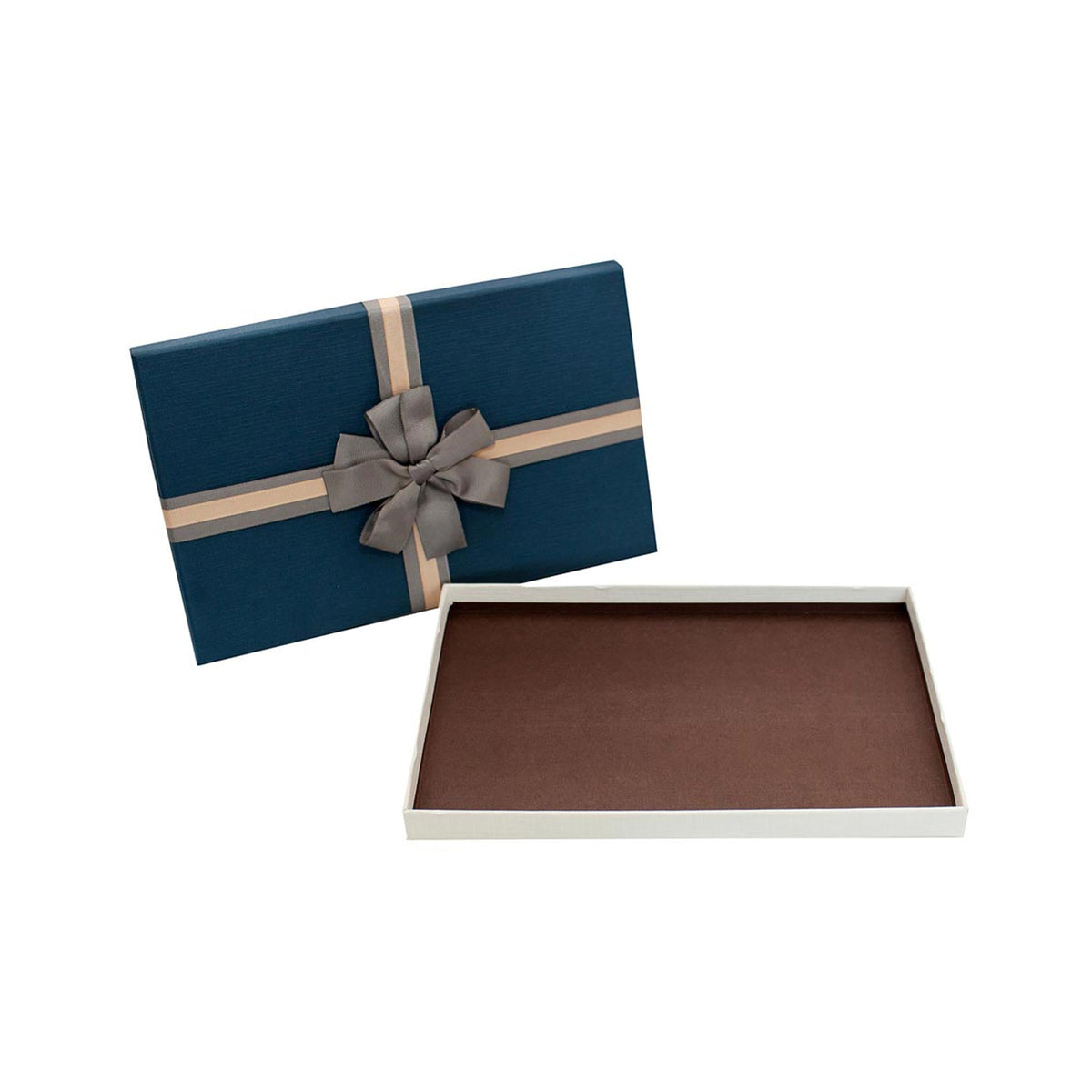 Cream rectangle gift box with blue lid, brown interior, and striped ribbon