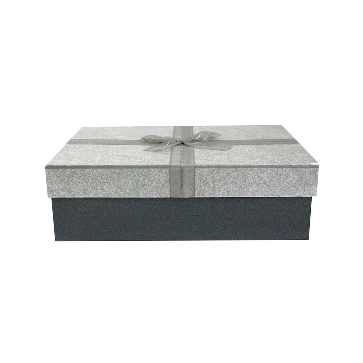 Grey rectangle gift box with white satin bow