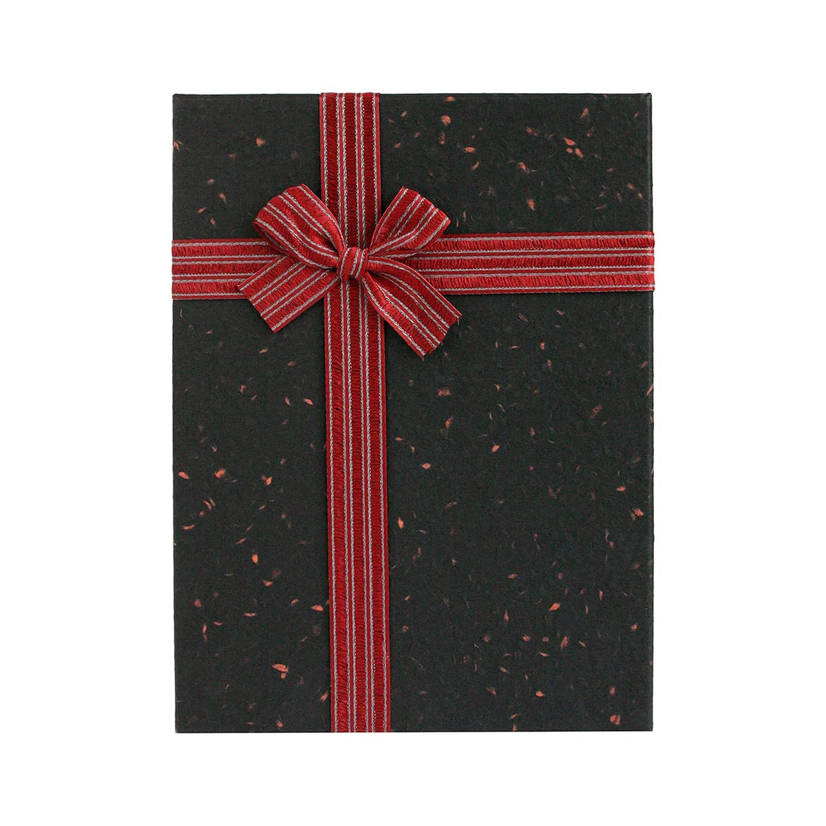 textured gift box with black lid and striped ribbon