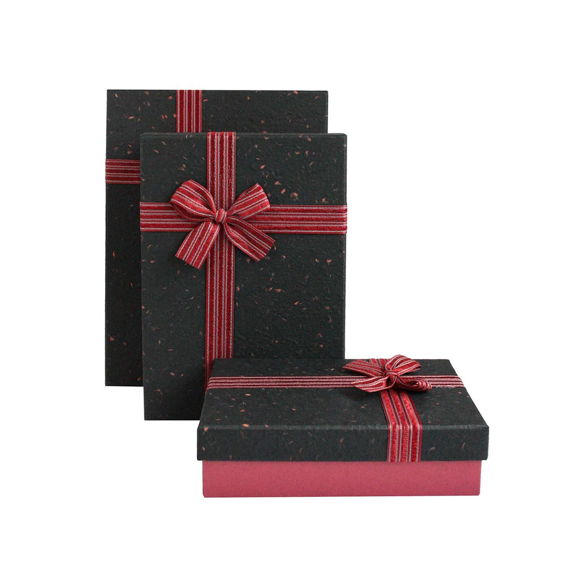 Maroon rigid gift box with black lid, striped ribbon.