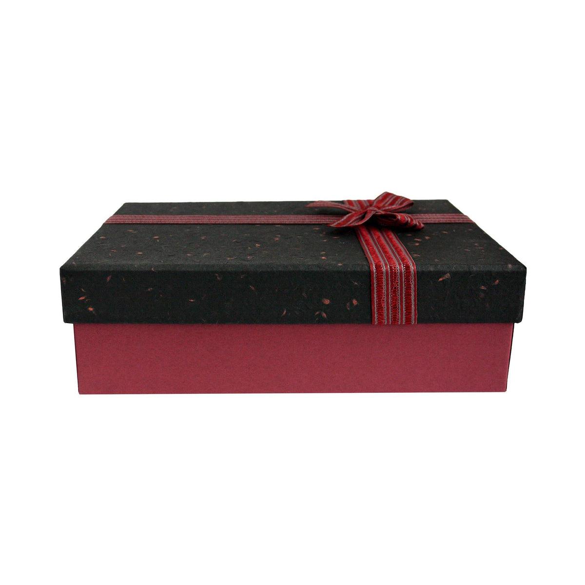 Burgundy textured gift box with black lid and striped ribbon