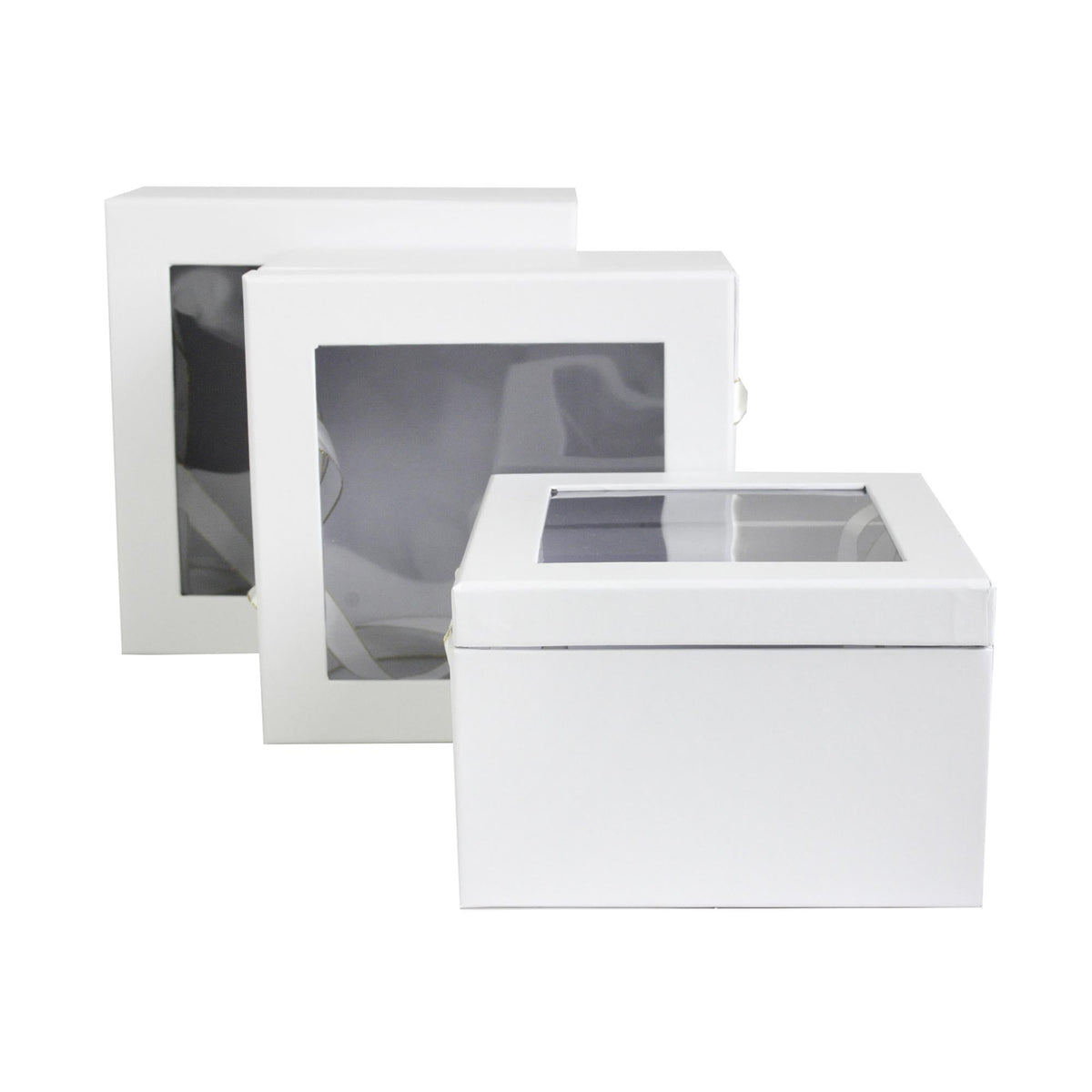 White Square Gift Boxes with Clear Top and Ribbon Handles