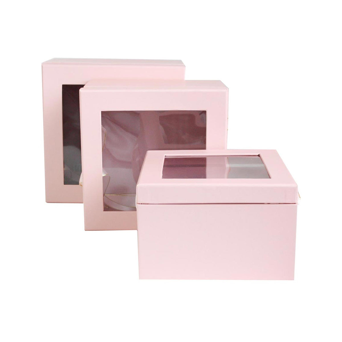 Stack of 3 pink square gift boxes with white and gold ribbon handles