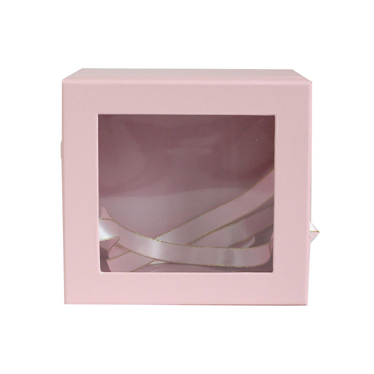 Baby pink square gift box with clear top and ribbon handles