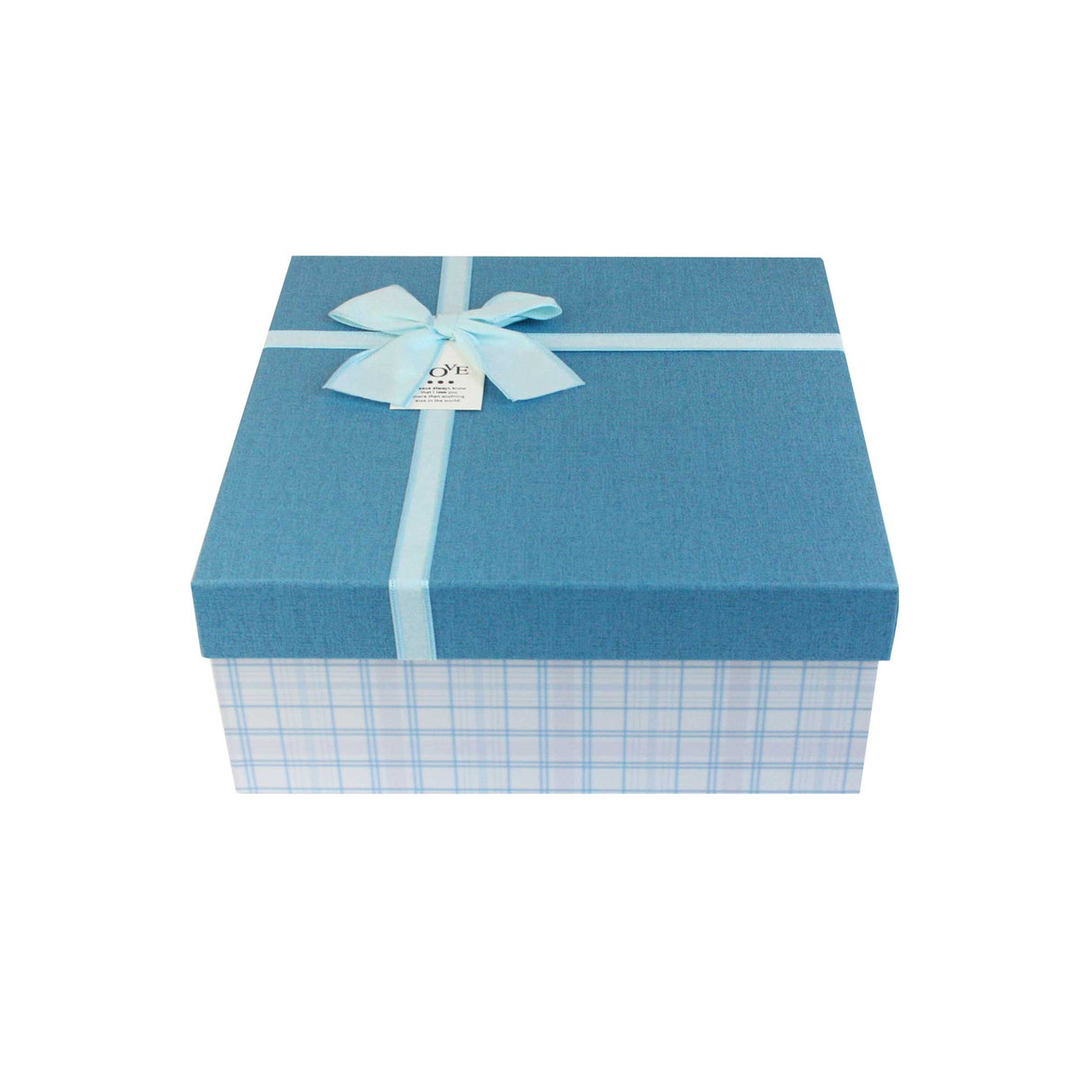 White checkered gift box with blue lid and decorative bow ribbon