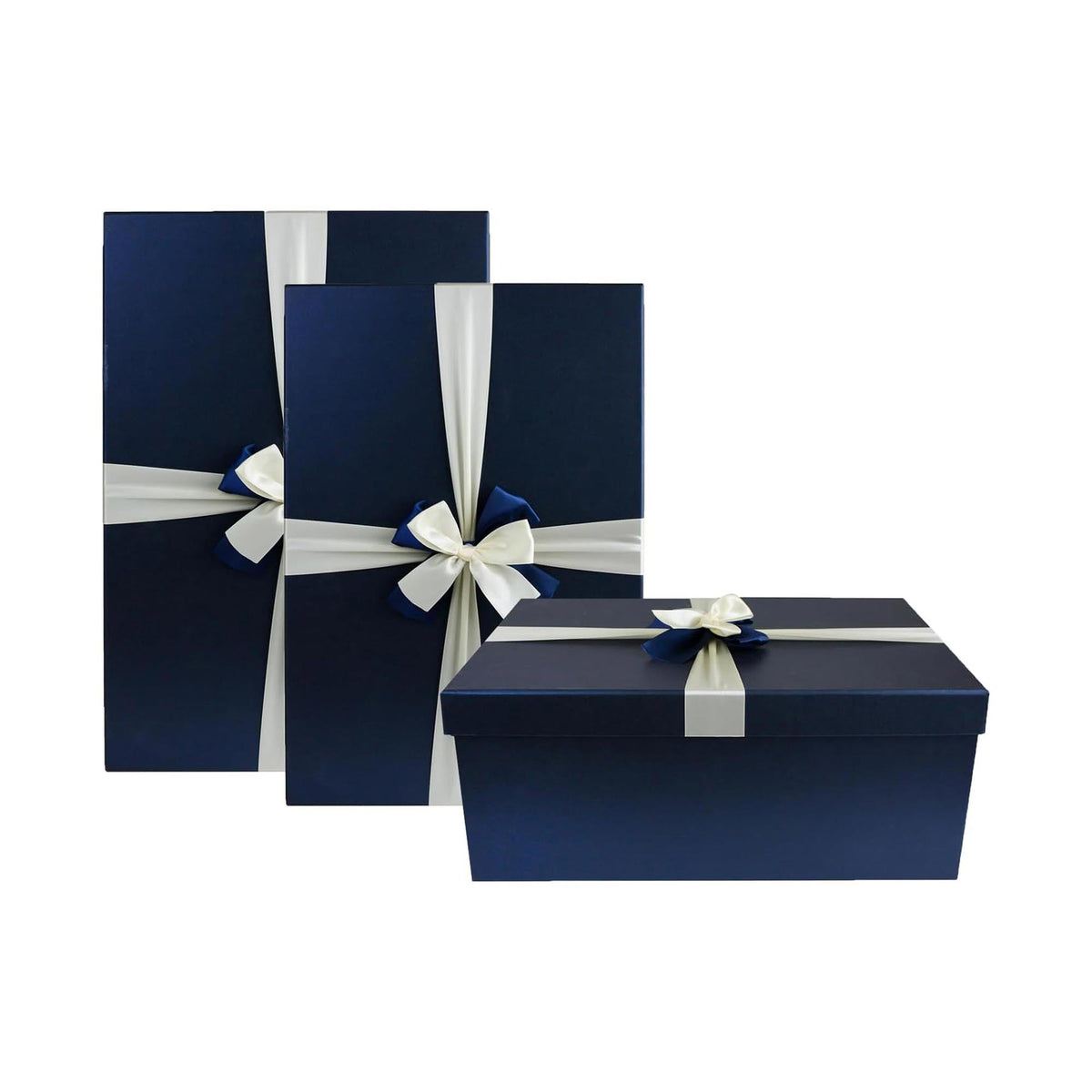 Three Luxury Oversized Blue Gift Boxes with Satin Ribbon