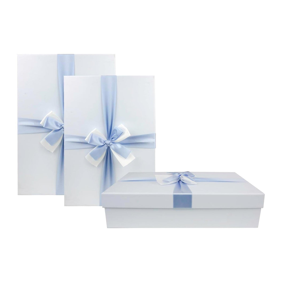 Three baby blue gift boxes with satin bows