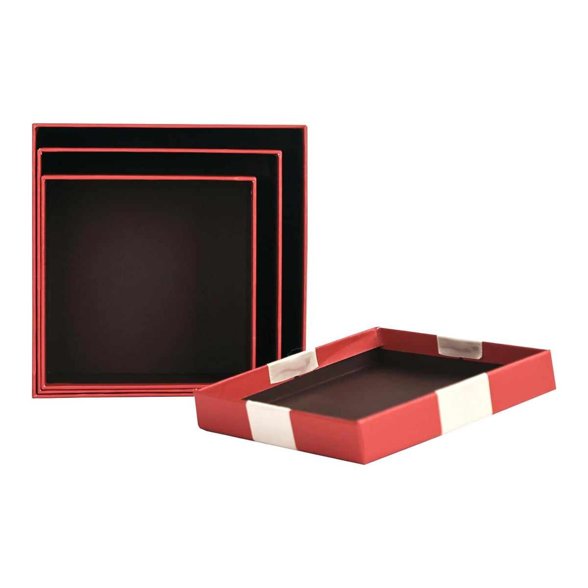 Stylish red gift boxes with satin ribbon