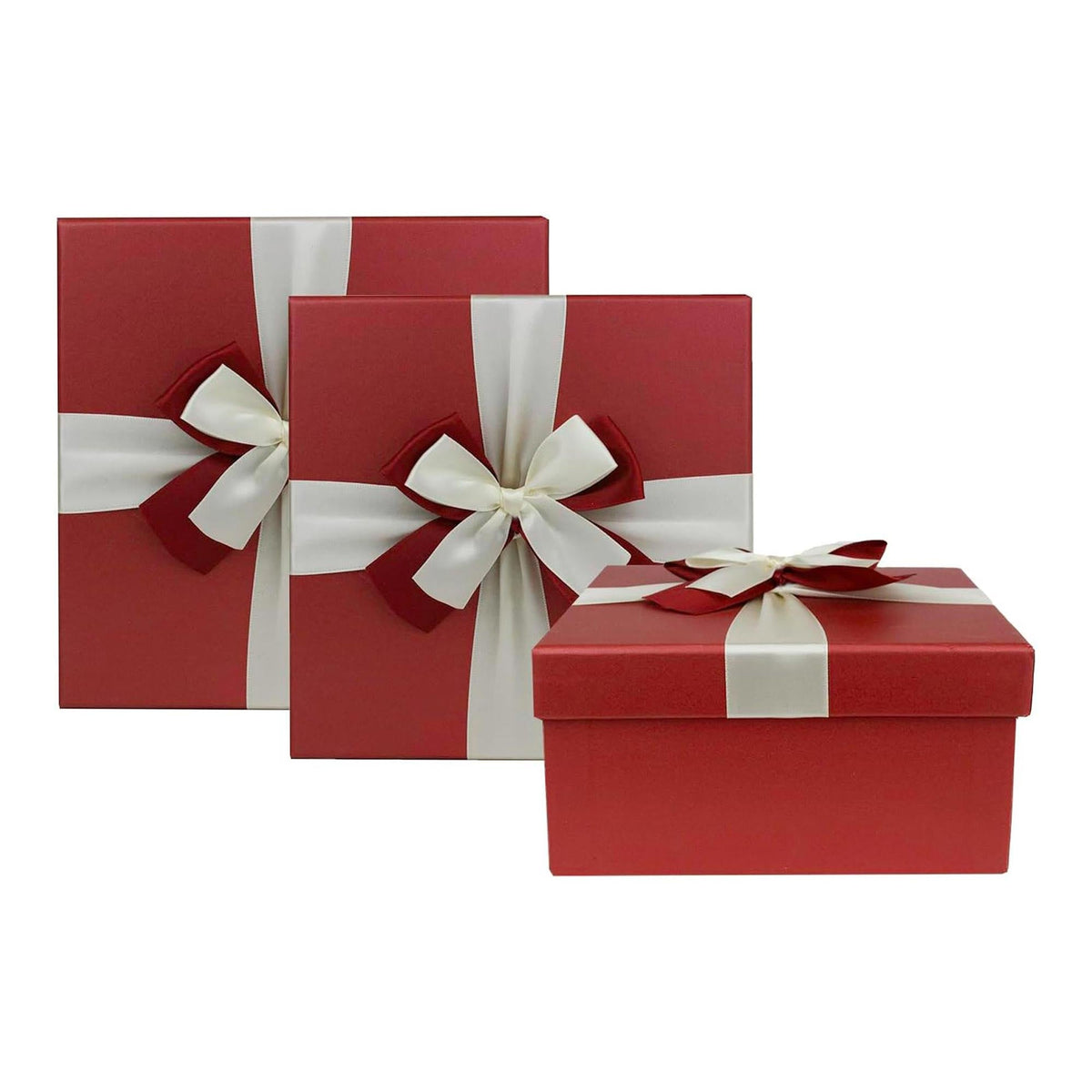 Three red gift boxes with satin bows