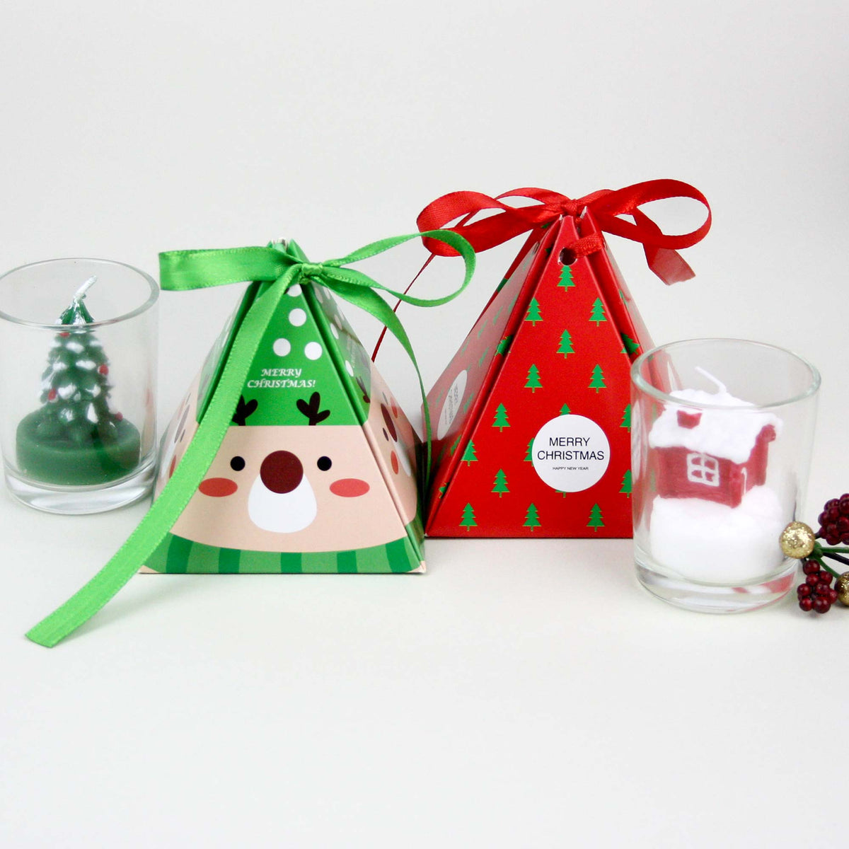 Christmas Cone Candy Treat Gift Box With Ribbon - Pack of 12