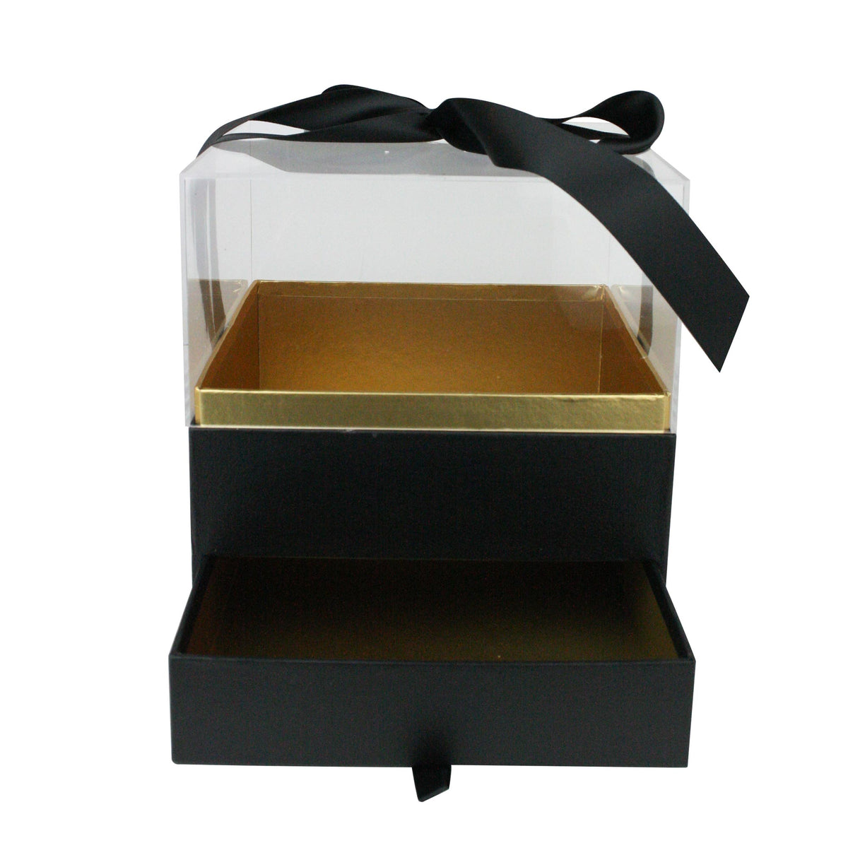 Clear Lid Black and Gold Acrylic Party Favor Box with Ribbon and Drawer Open