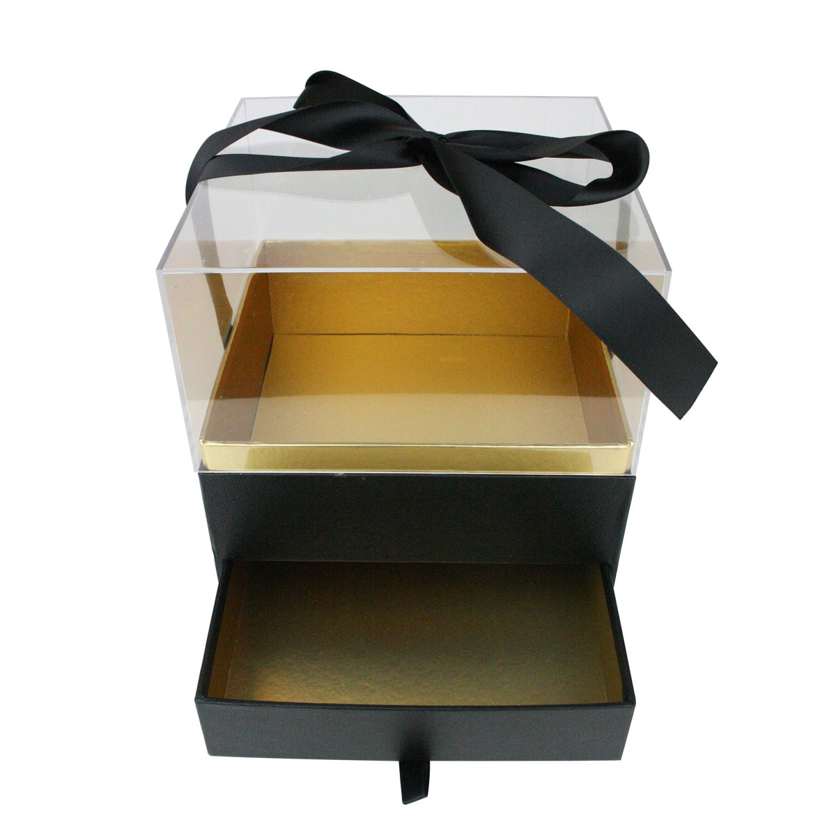 Close-up of Black and Gold Acrylic Party Favor Box Ribbon Detail 