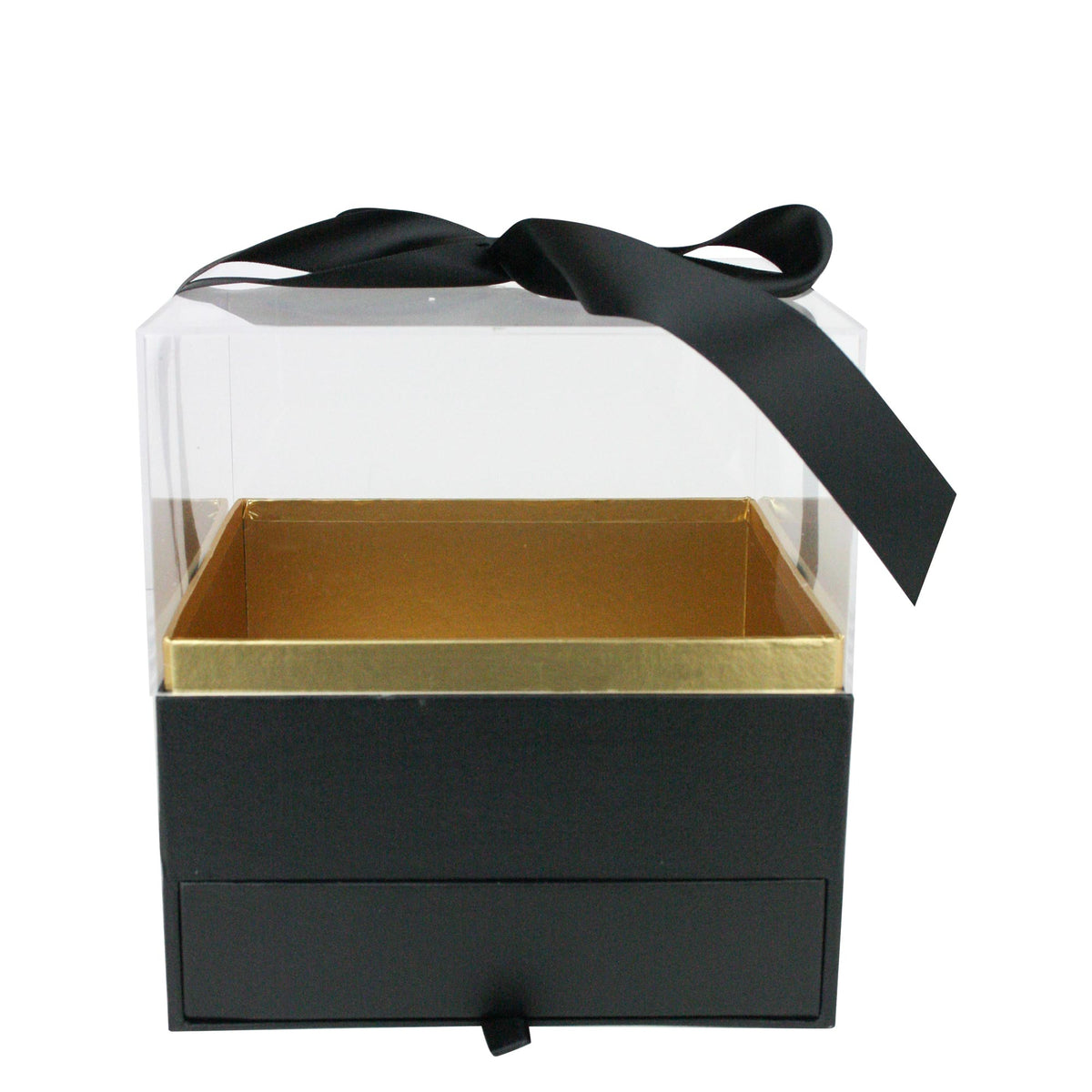 Black and Gold Acrylic Party Favor Box with Clear Lid Closed and Ribbon