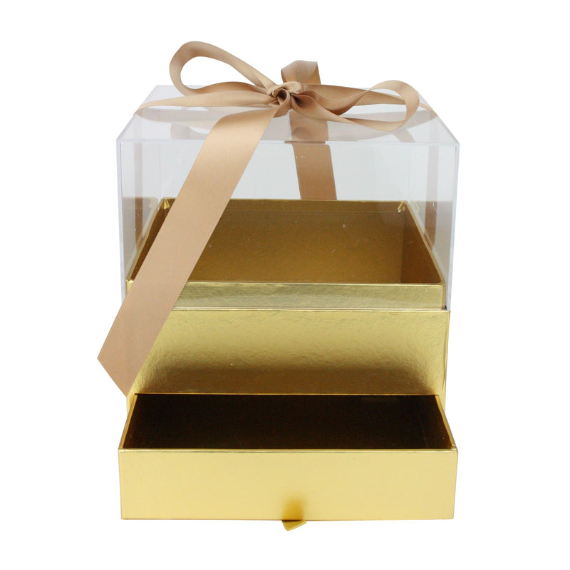 Open Gold Gift Box with Ribbon and Clear Acrylic Lid