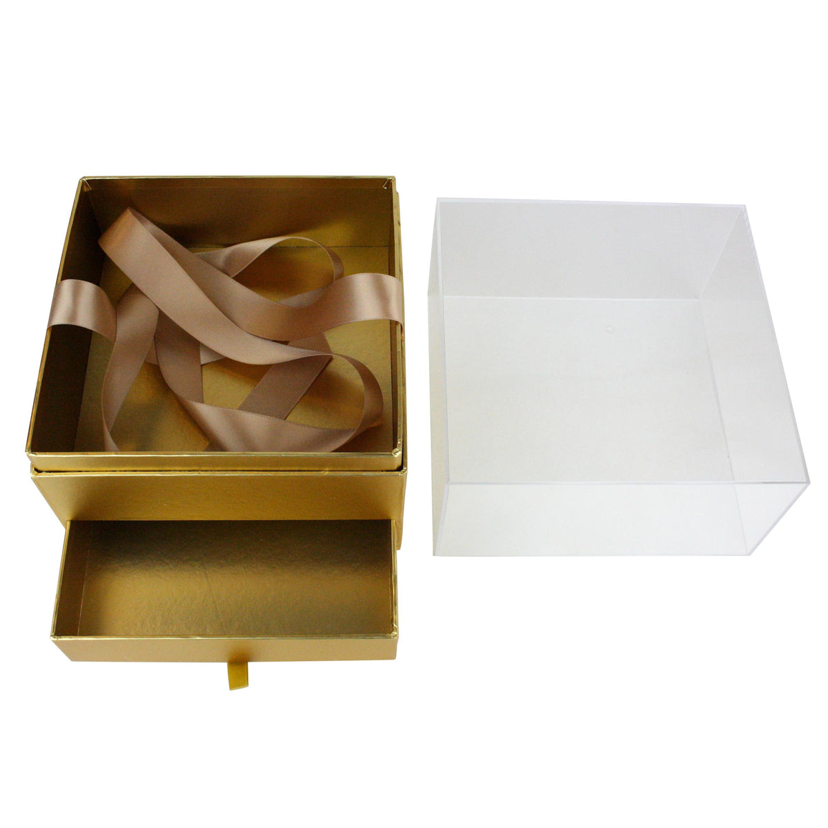 Gold Gift Box with Ribbon on White Background